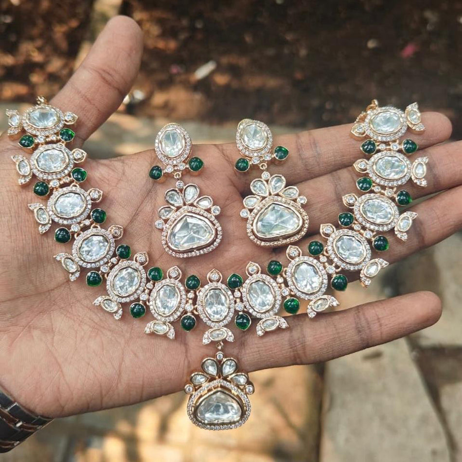 Kundan Necklace in Gold Plated with Polki Gems | Bridal Jewellery India