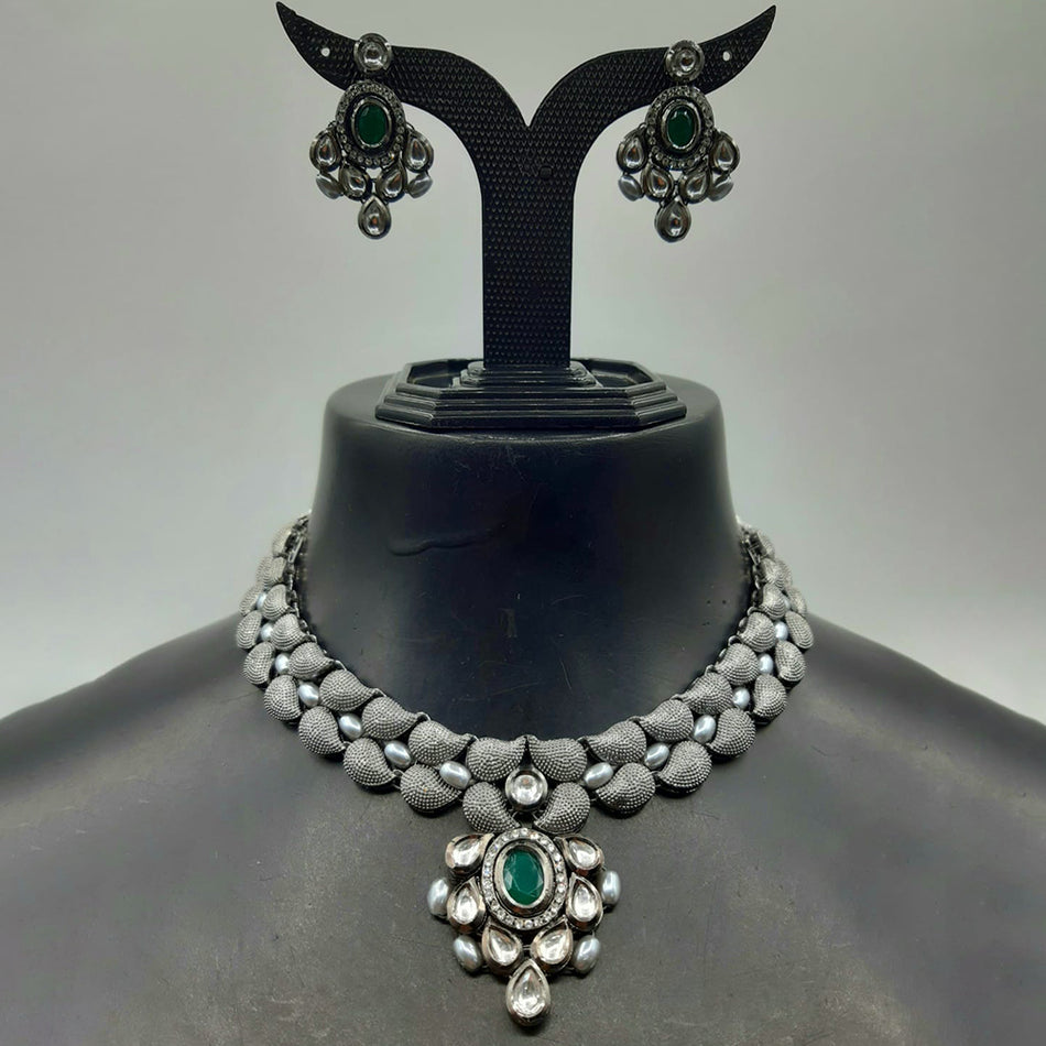 Ethnic Oxidised Silver Pota Stone Necklace Set | Bridal Jewellery India