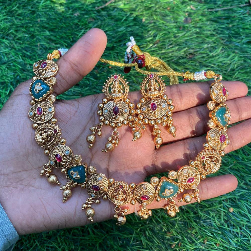 Pota Stone Temple Necklace in Gold Plated | Bridal Jewellery India
