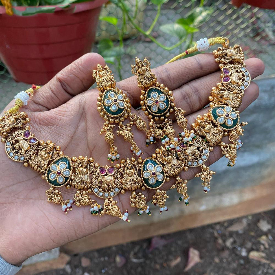 Pota Stone and Pearl Necklace in Oxidised Silver | Bridal Jewellery India