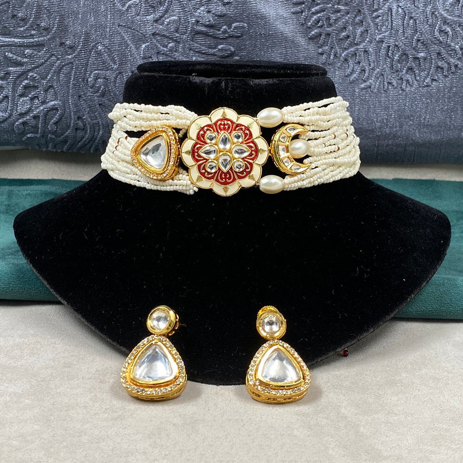 Kundan Choker Necklace in Gold Plated with Pearl | Bridal Jewellery India