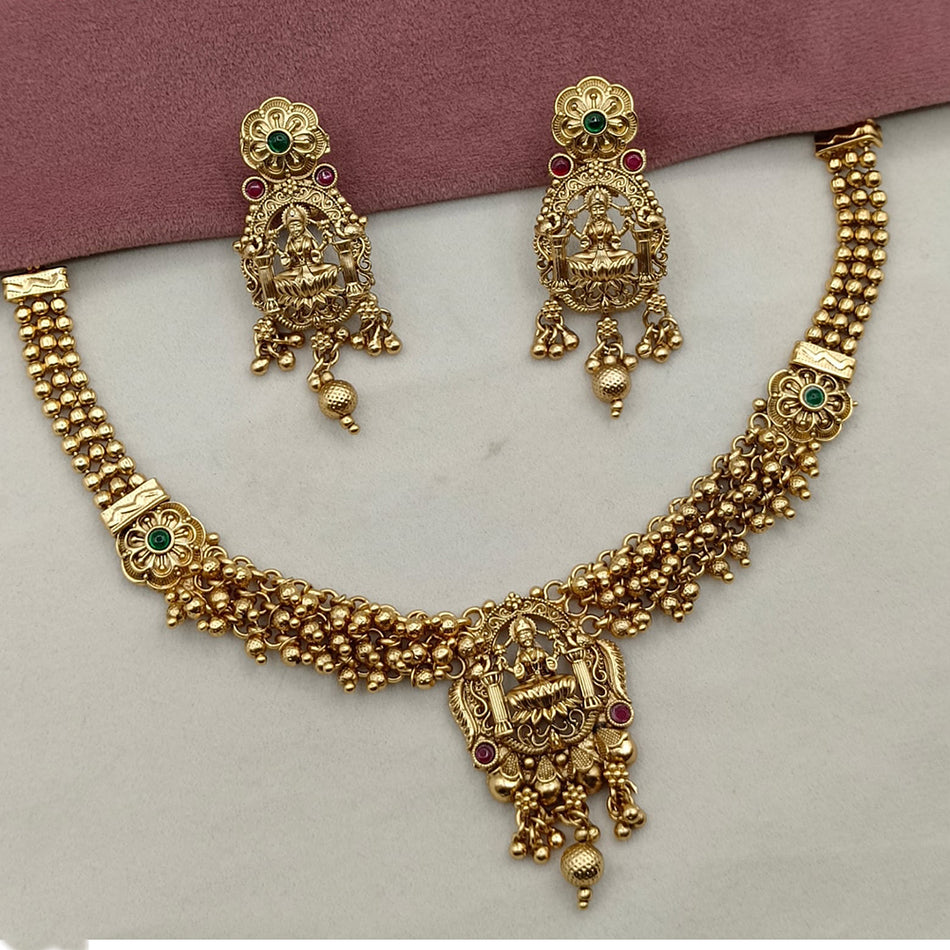 Gold Plated Pota Stone Temple Necklace with Pearls | Bridal Jewellery India