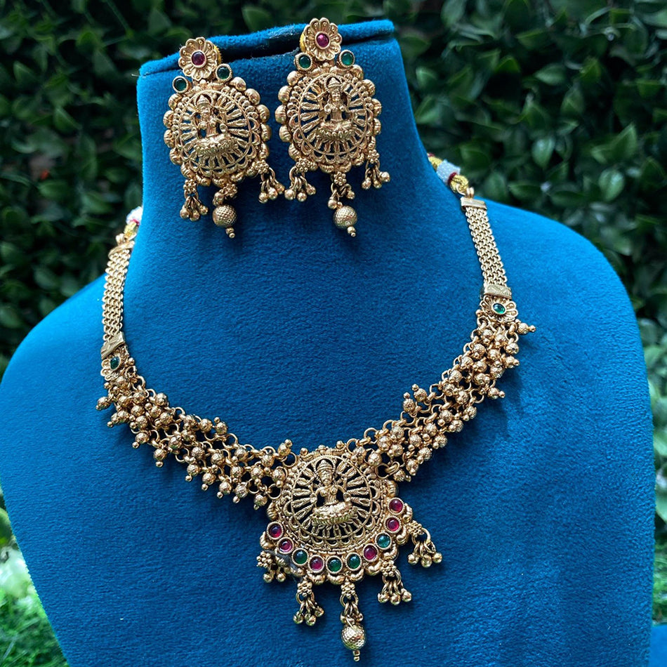 Gold Plated Pota Stone   Pearls Temple Necklace | Bridal Jewellery India
