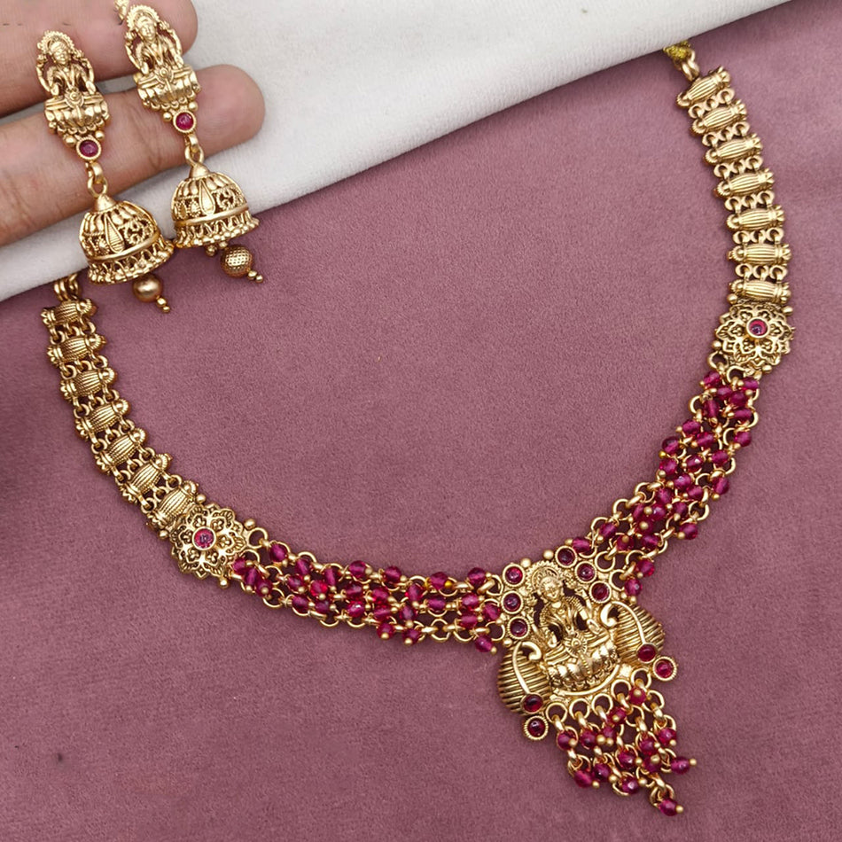 Rose Gold Plated Pota Stone Temple Necklace Set | Bridal Jewellery India