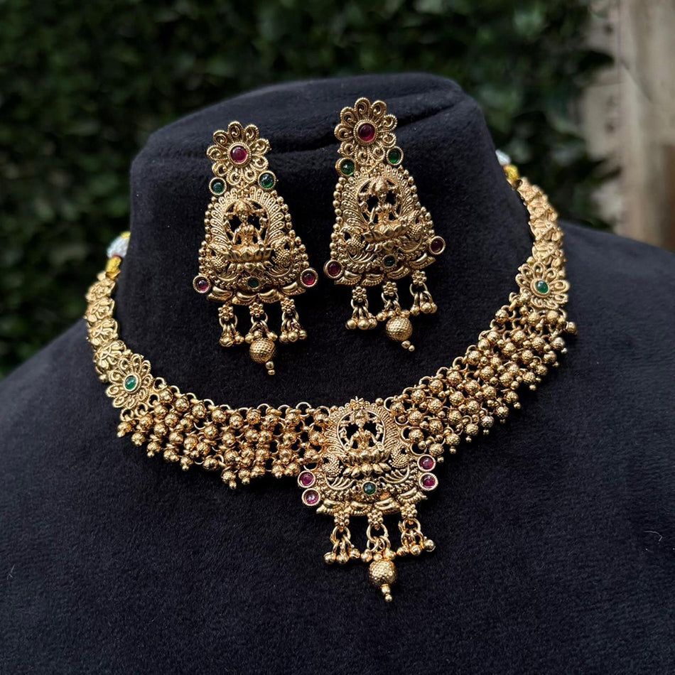 Gold Plated Pota Stone Temple Necklace | Bridal Jewellery India