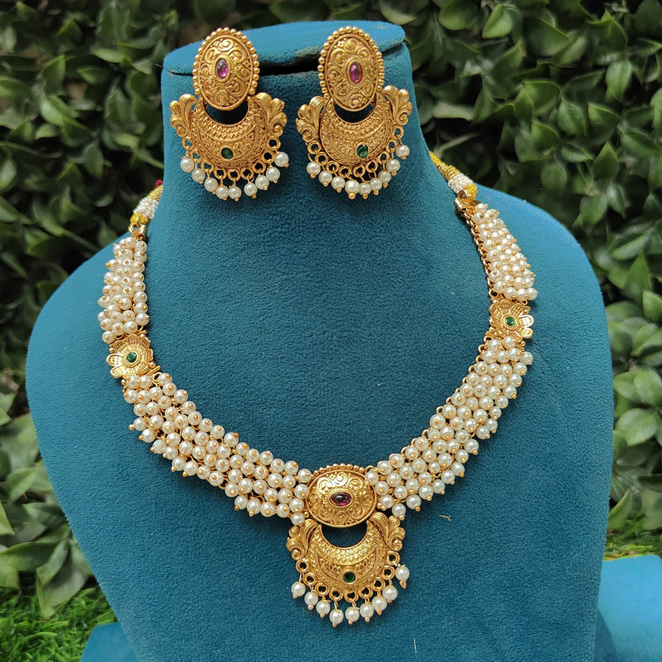 Rose Gold Plated Pota Stone and Pearls Necklace Set | Bridal Jewellery India