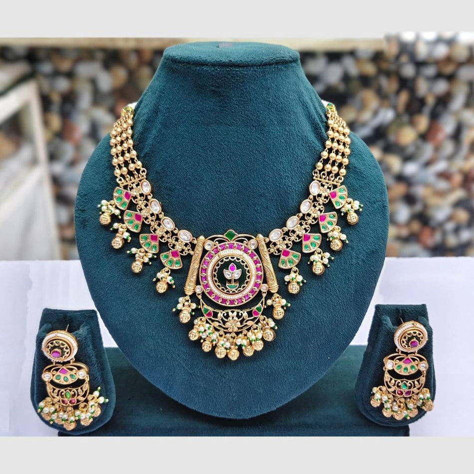 Designer Rose Gold Plated Pota Stone Pearl Necklace | Bridal Jewellery India
