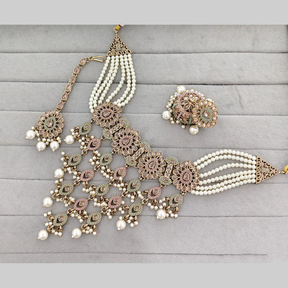 Crystal Stone and Pearl Choker in Gold Plated | Bridal Jewellery India