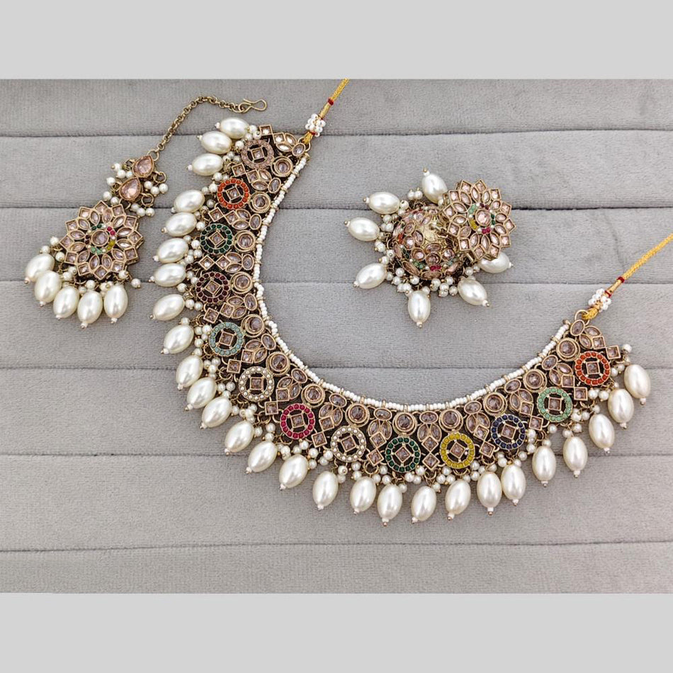 Crystal Stone Pearl Necklace in Gold Tone | Bridal Jewellery India