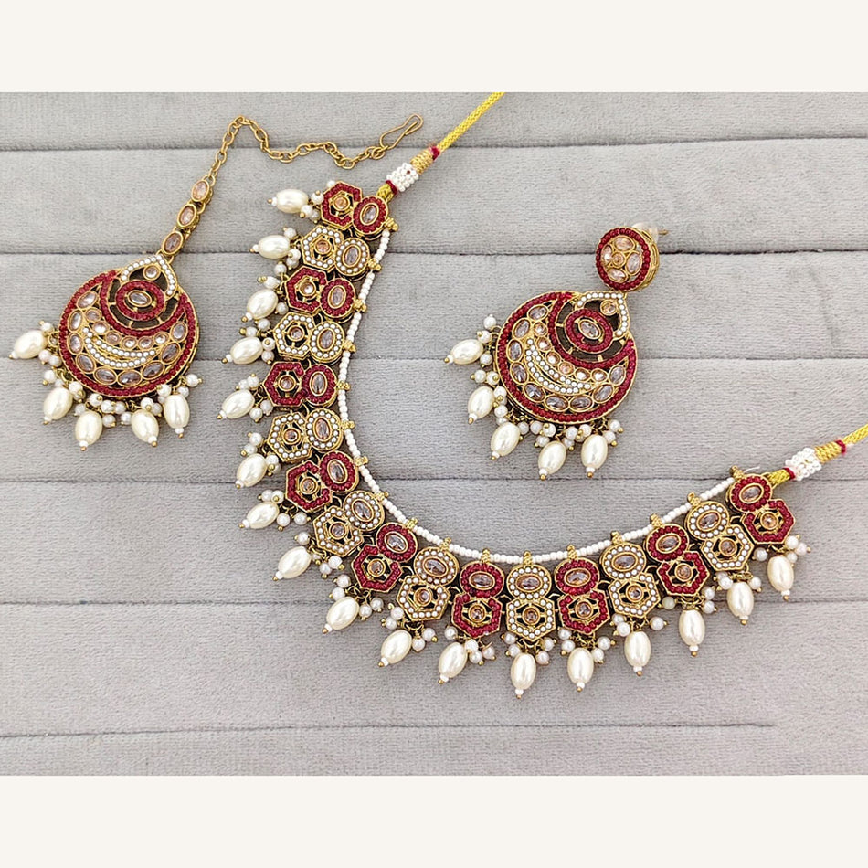 Crystal Stone   Pearl Necklace Set in Gold Plated | Bridal Jewellery India