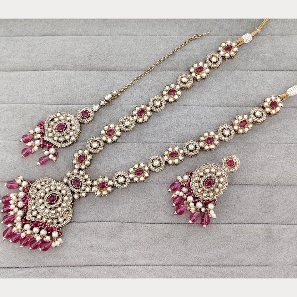 Rose Gold Plated Long Necklace with Pota Stones | Bridal Jewellery India