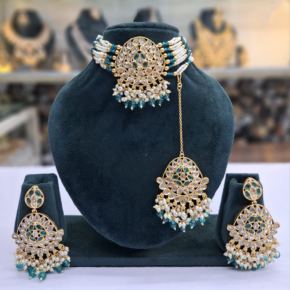 Pearl Choker in Gold Plated with Crystal Stones | Bridal Jewellery India