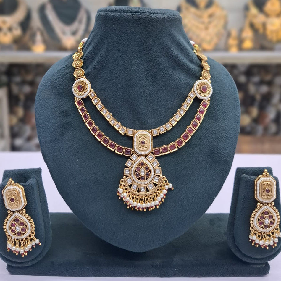 Rose Gold Plated Pota Stone Pearl Necklace Set | Bridal Jewellery India
