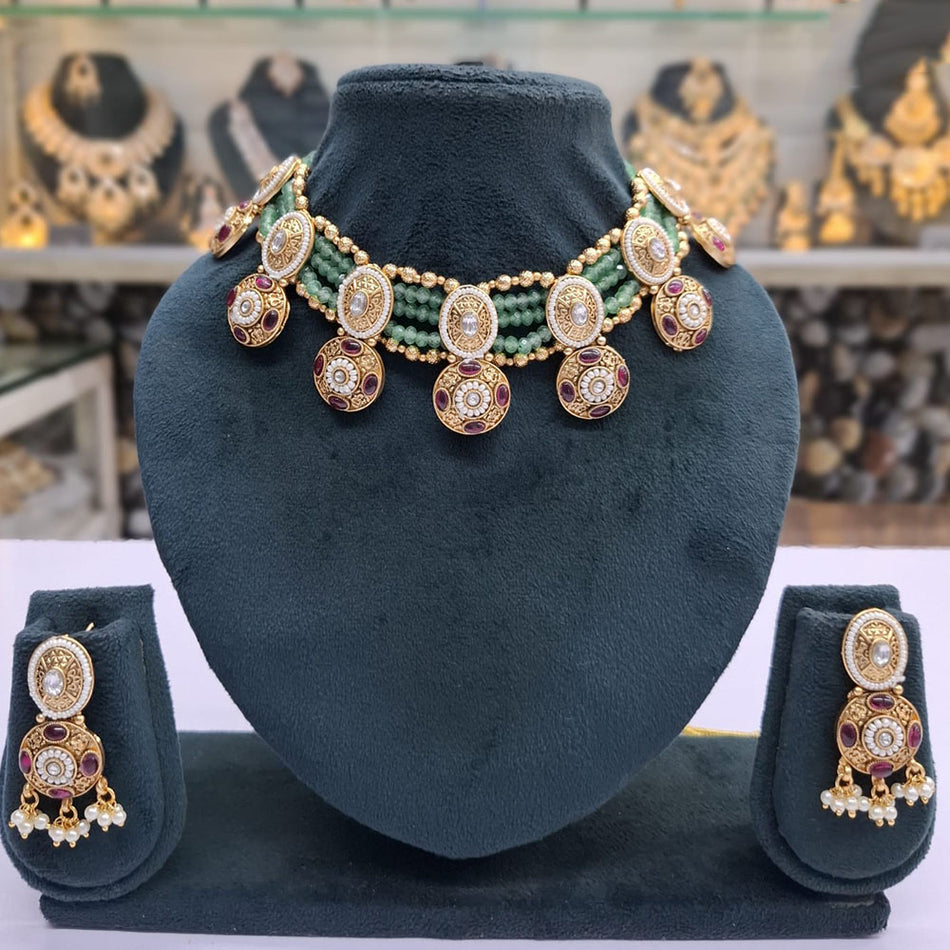 Rose Gold Plated Pota Stone Statement Choker Necklace | Bridal Jewellery India