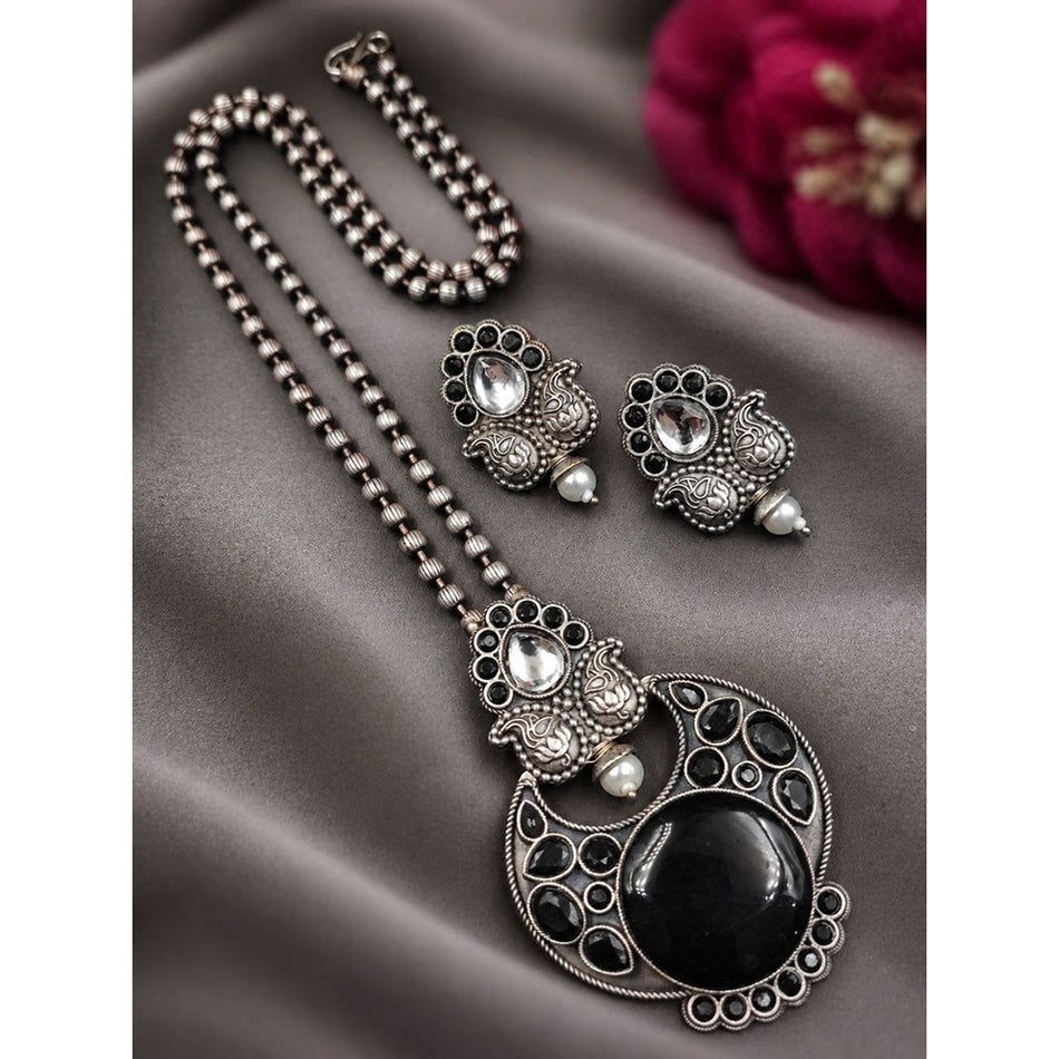 Oxidised Silver Pota Stone Necklace Set | Bridal Jewellery India