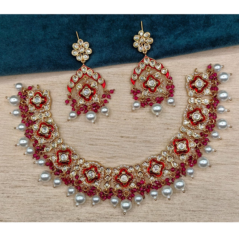 Kundan Necklace in Gold Plated with Polki Pearl Meenakari | Bridal Jewellery India