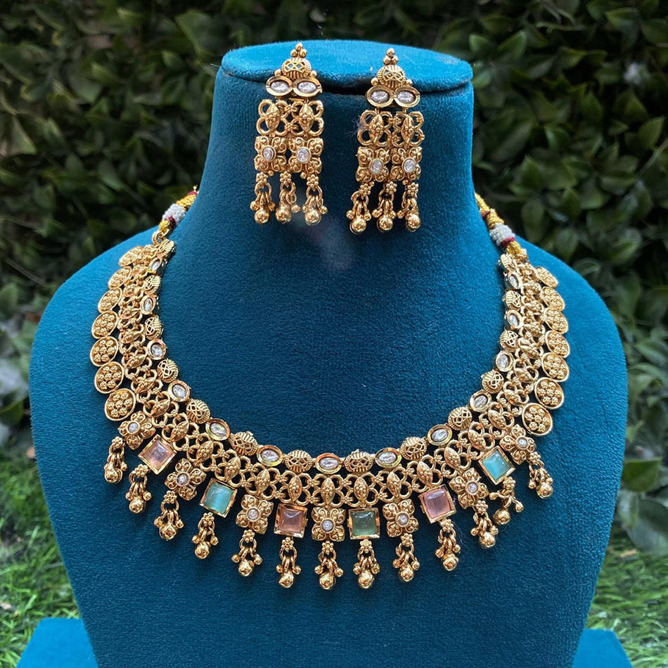 Kundan Necklace in Gold Plated with Pota Stone | Bridal Jewellery India