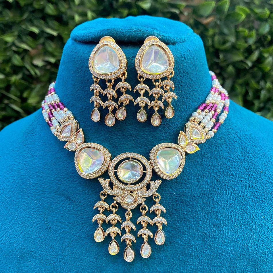 Kundan Necklace in Gold Plated with Polki pearls | Bridal Jewellery India
