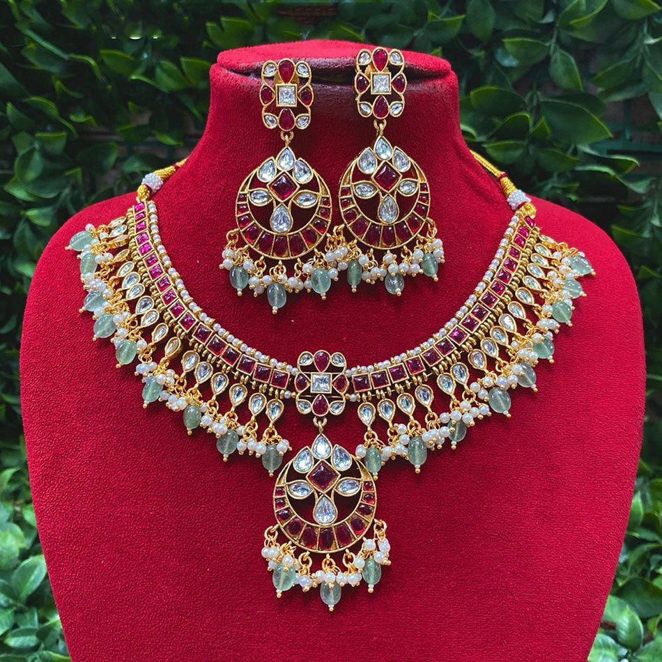 Kundan Necklace in Gold Plated with Pearl Beads | Bridal Jewellery India