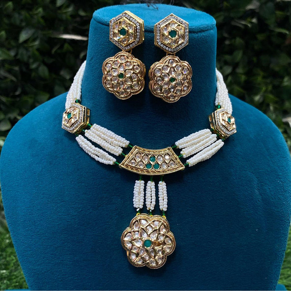 Kundan Necklace in Gold Plated with Polki pearls for Bridal | Bridal Jewellery India