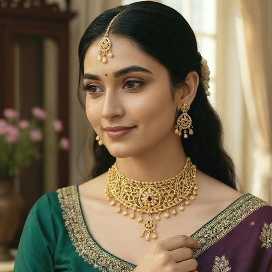 Imitation Pota Stone Choker Necklace in Sterling Silver | Bridal Jewellery India