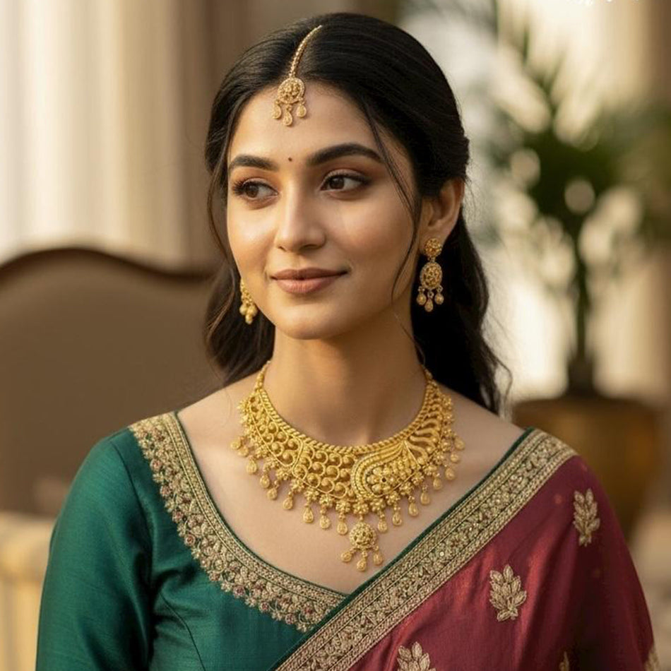 Imitation Pota Stone Choker Necklace in Gold Tone | Bridal Jewellery India
