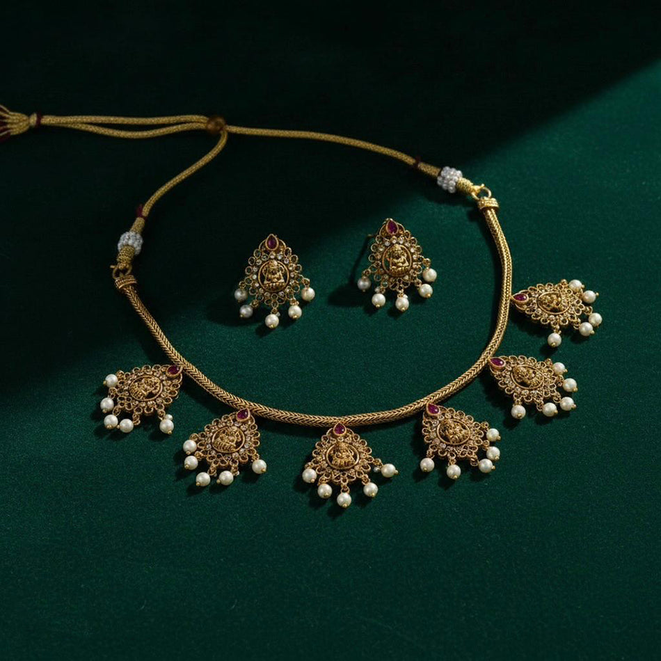 Imitation Pota Stone   Pearl Temple Necklace Set in Plate | Bridal Jewellery India