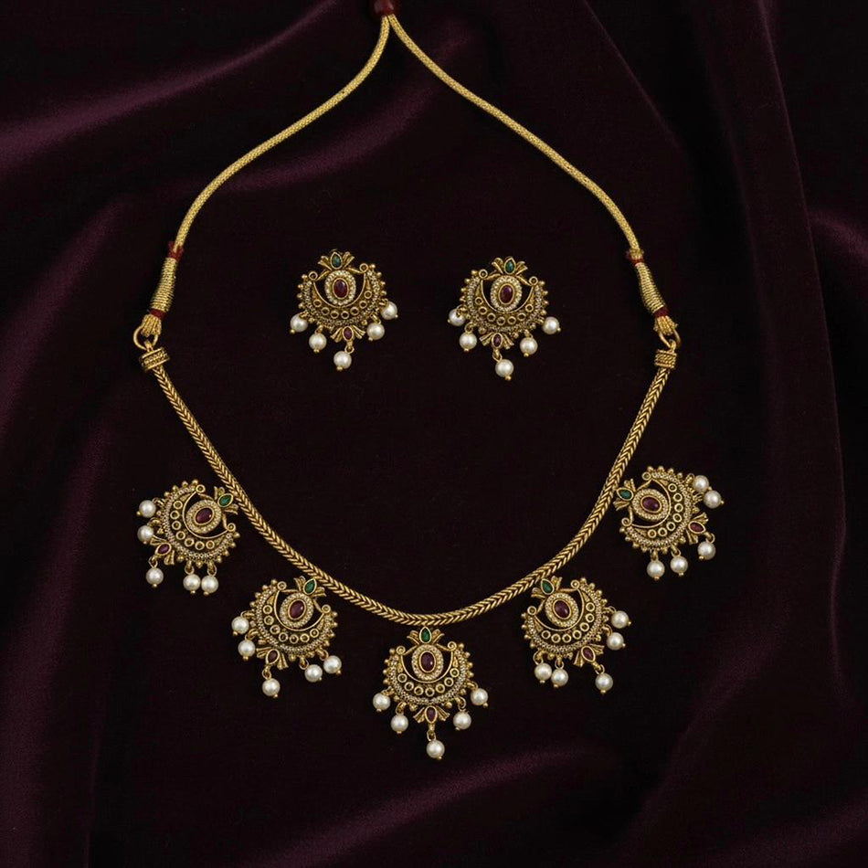 Fancy Austrian Stone with Pearl Necklace Set in Sterling | Bridal Jewellery India
