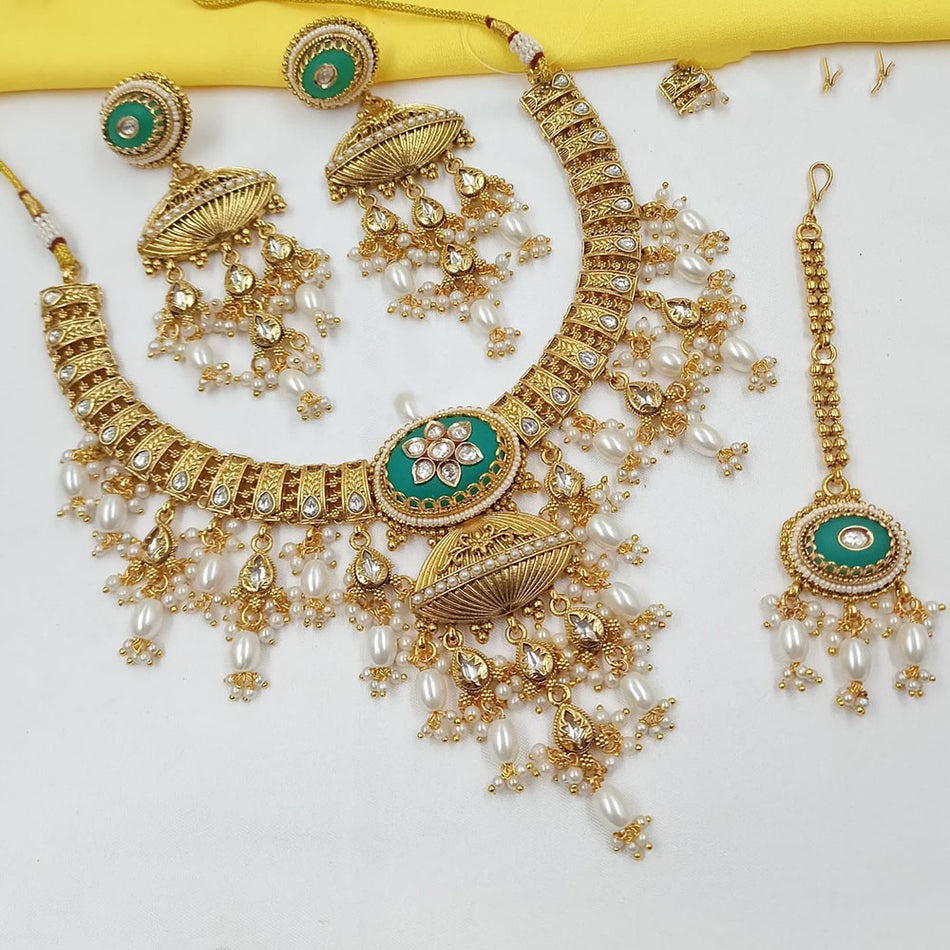 Pota Stone and Pearl Necklace in  Gold Plated | Bridal Jewellery India