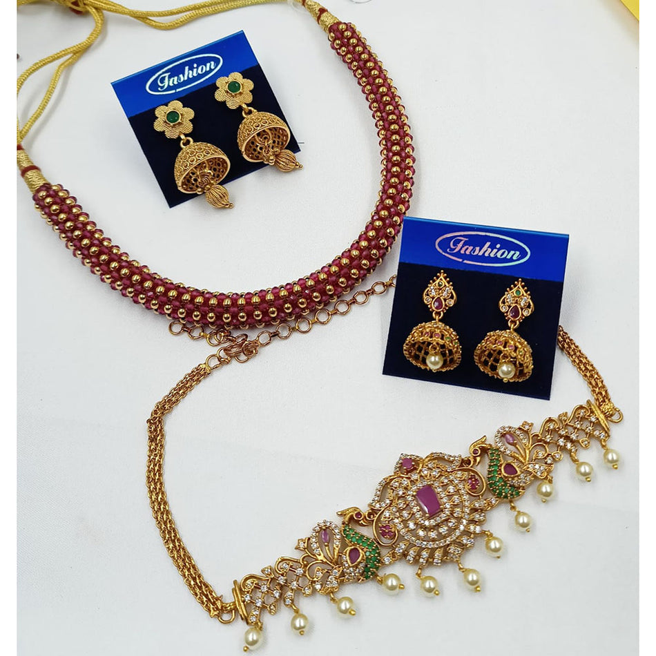 Rose Gold Plated Pota Stone with Austrian Stones Necklace | Bridal Jewellery India