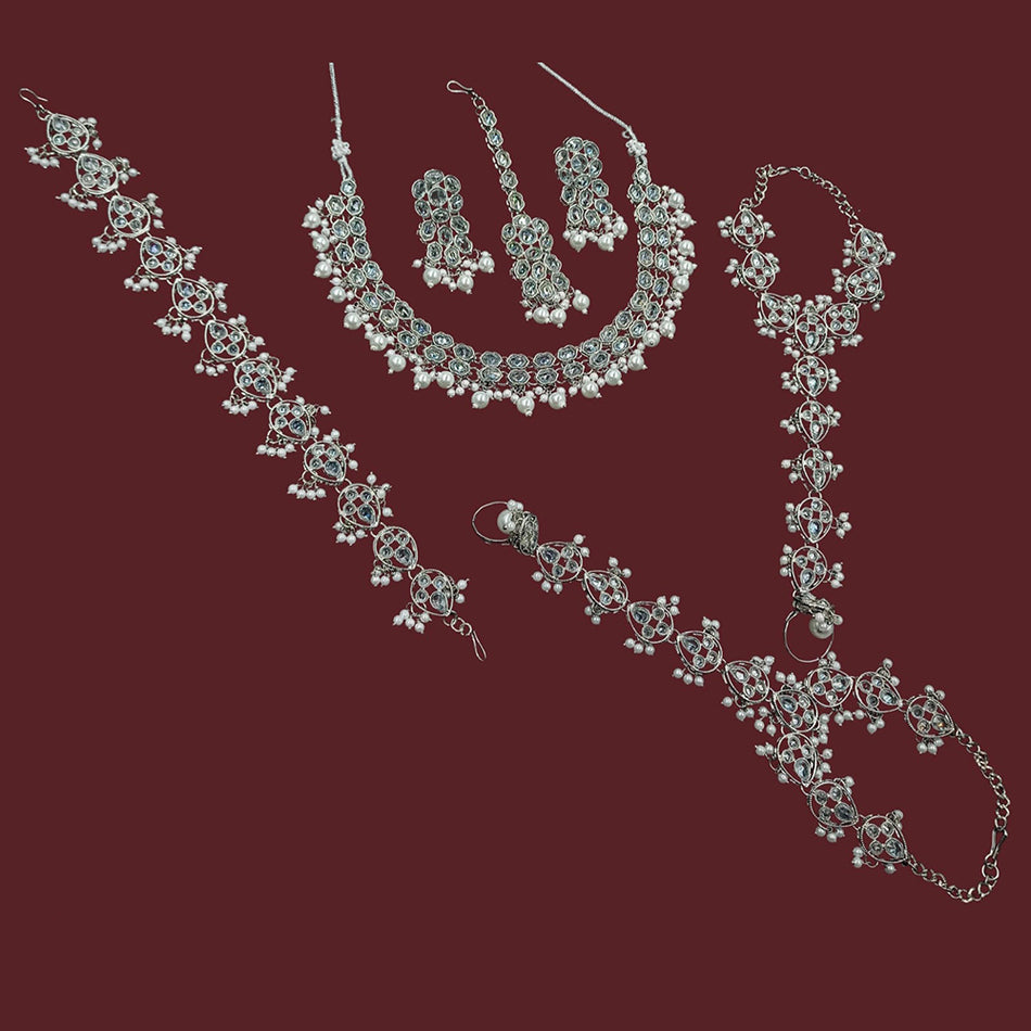 Crystal Pearl Necklace in White Gold Plated | Bridal Jewellery India