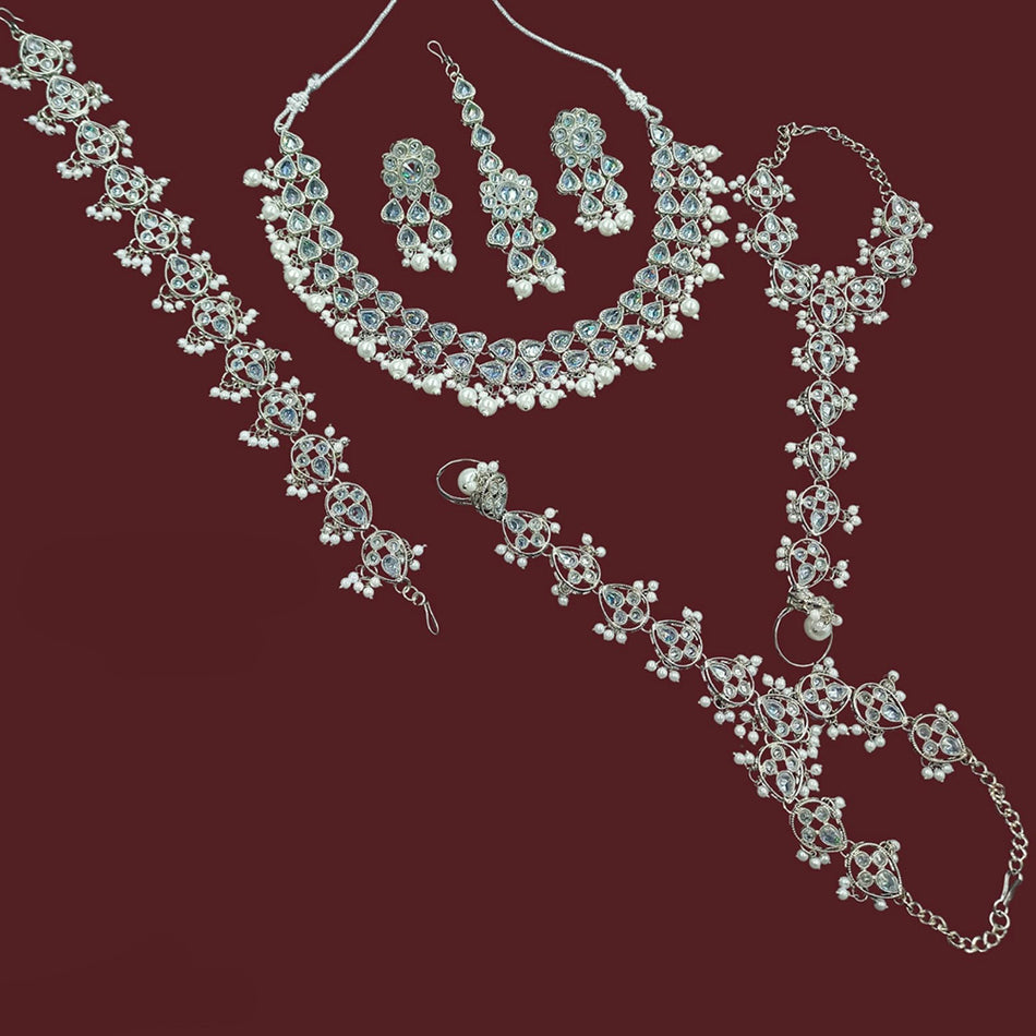 Crystal Pearl Necklace in Silver | Bridal Jewellery India