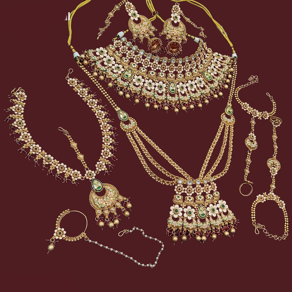 Pota Stone Meenakari Bridal Set in Gold Tone | Bridal Jewellery India