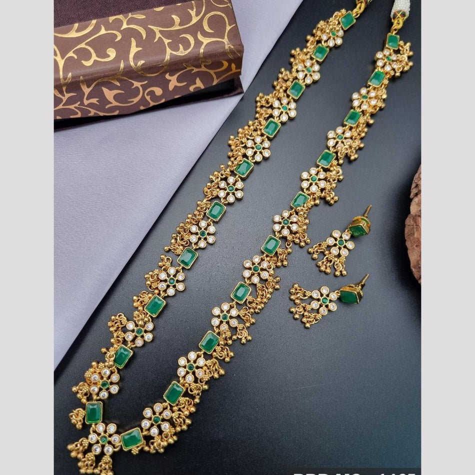 Long Necklace Set in Gold Tone with Crystals | Bridal Jewellery India