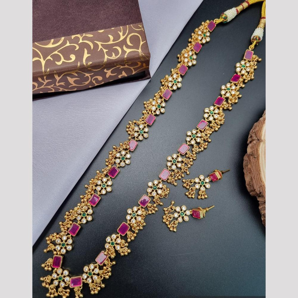 Long Necklace Set in Gold Tone with Crystals | Bridal Jewellery India