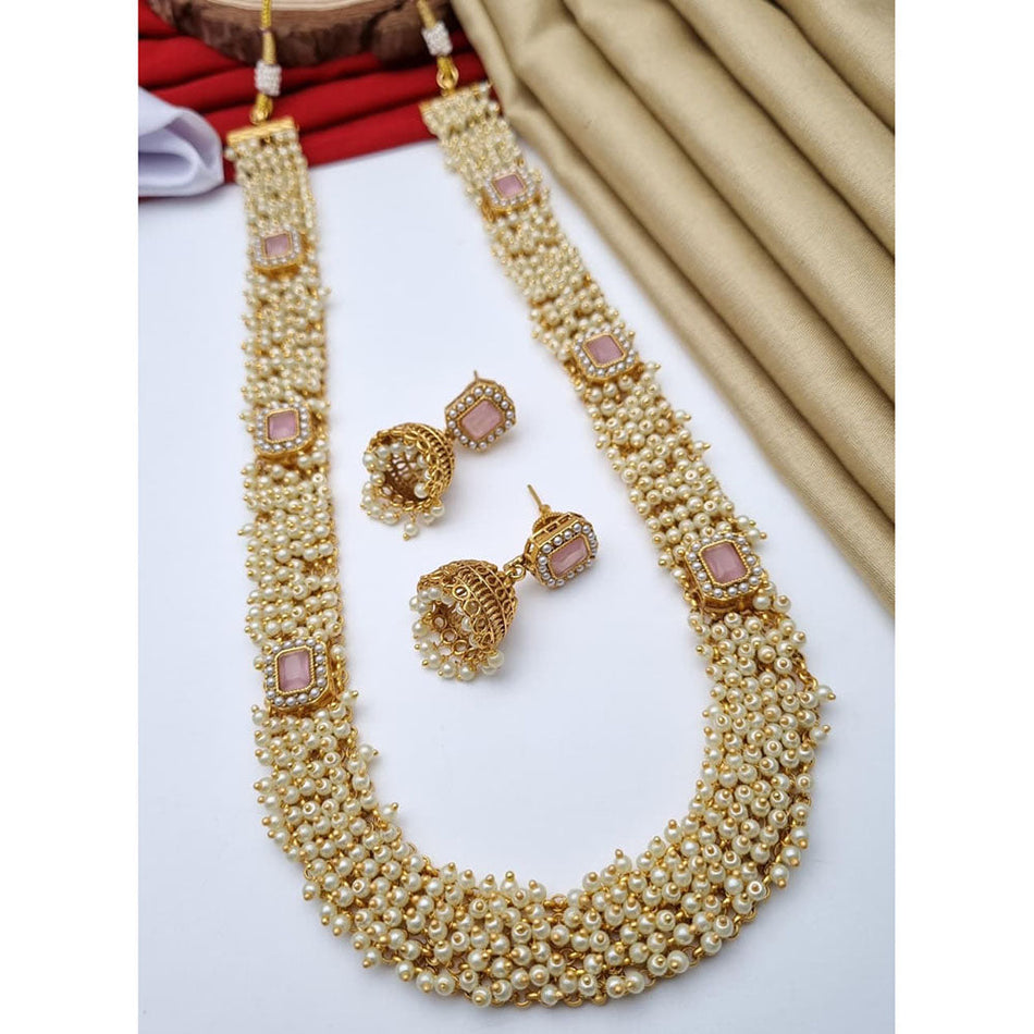 Ethnic Gold Plated Long Necklace Set with Pearl   Stone | Bridal Jewellery India