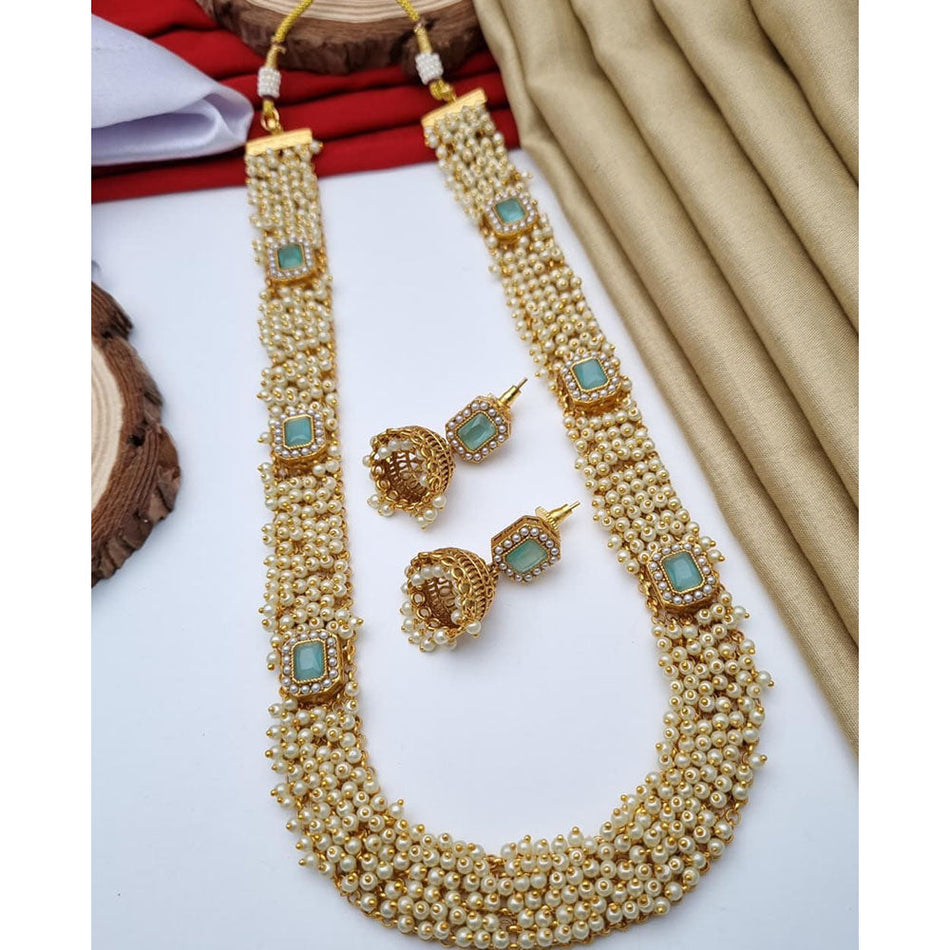 Ethnic Gold Plated Long Necklace Set with Pearl Stone | Bridal Jewellery India