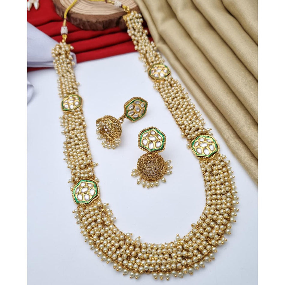 Ethnic Gold Plated Long Necklace with Pota Stone   Pearl | Bridal Jewellery India