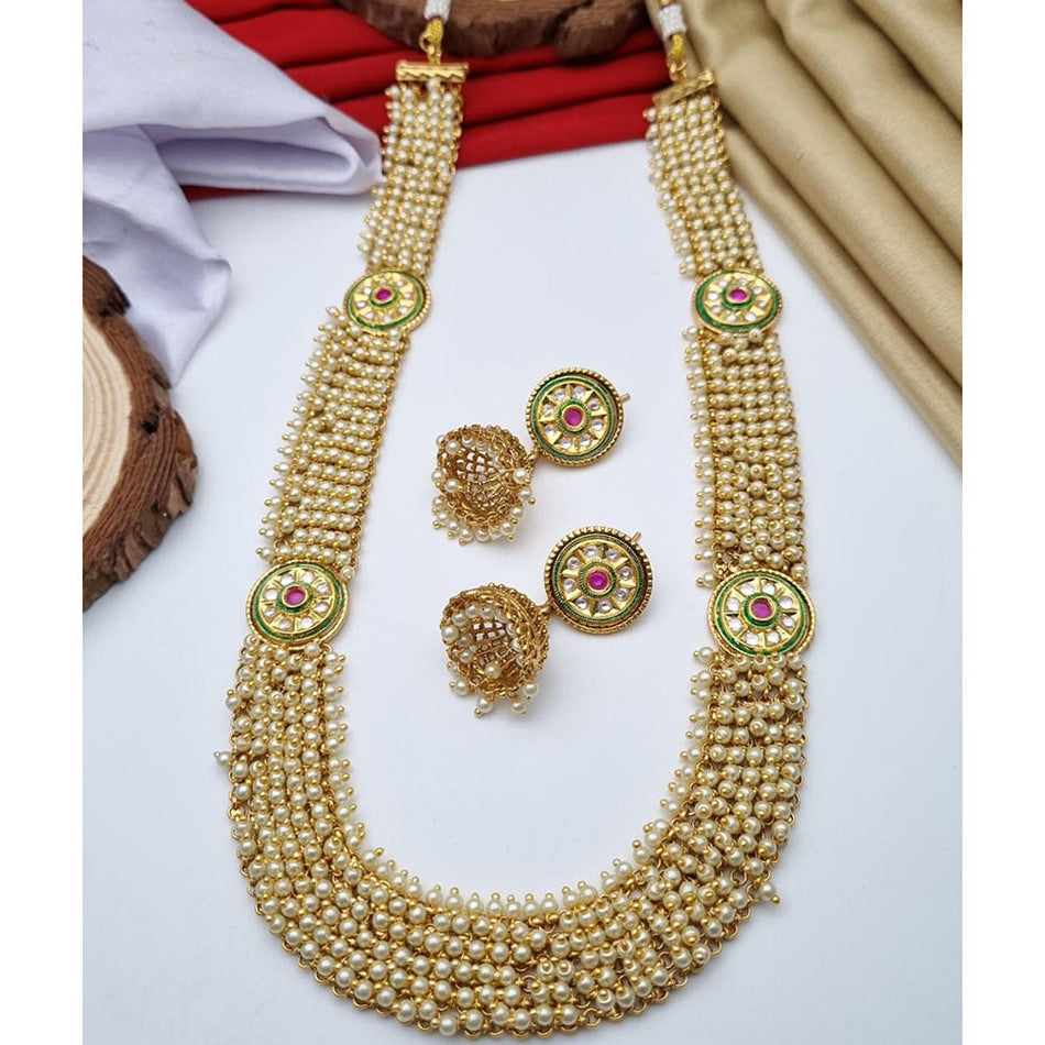 Rose Gold Plated Long Necklace with Pota Stones and Pearls | Bridal Jewellery India