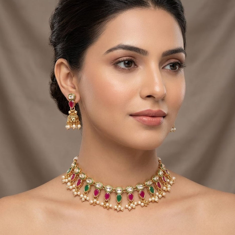 Pearl Pota Stone Choker in 18K Gold Plated | Bridal Jewellery India