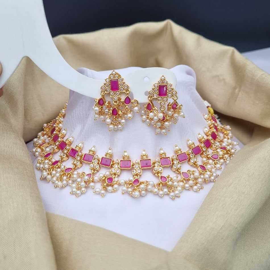 Pearl Pota Stone Choker in Rose Gold Plated | Bridal Jewellery India
