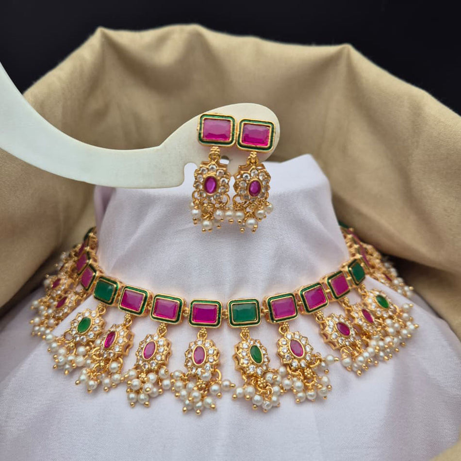 Pota Stone and Pearl Choker in 18K Gold Plated | Bridal Jewellery India