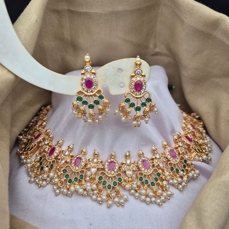 Rose Gold Plated Pota Stone Choker Necklace Set | Bridal Jewellery India