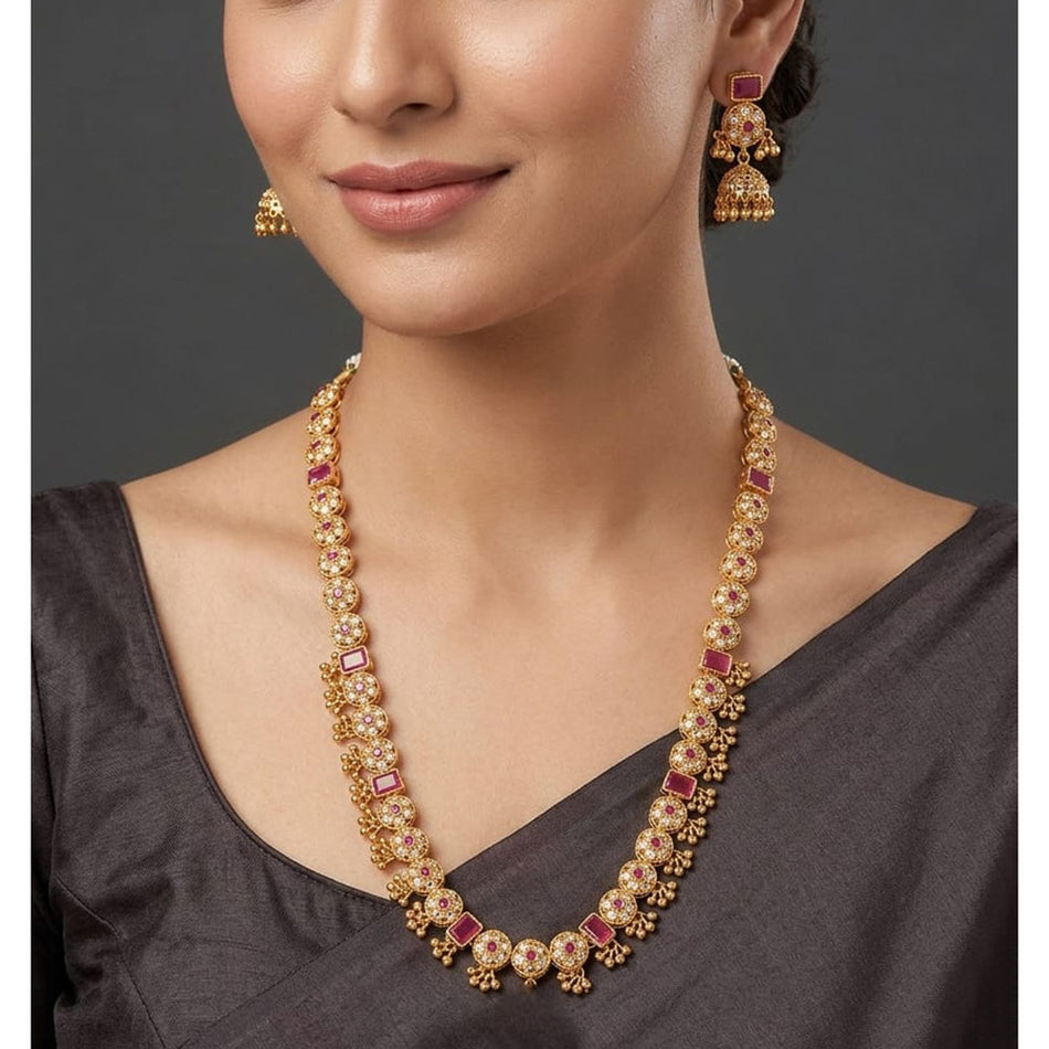 Rose Gold Plated Look Long Necklace with Pearl Stone | Bridal Jewellery India