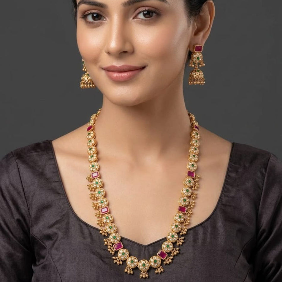 Rose Gold Plated Look Long Necklace with Pearl Stone | Bridal Jewellery India