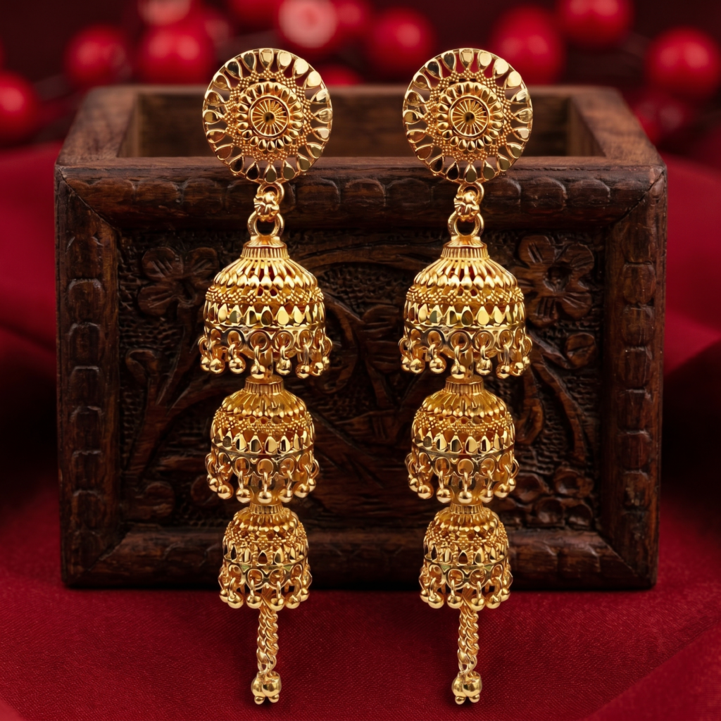 Gold Plated Jhumka Earrings in Floral Design for Occasion | Bridal Jewellery India