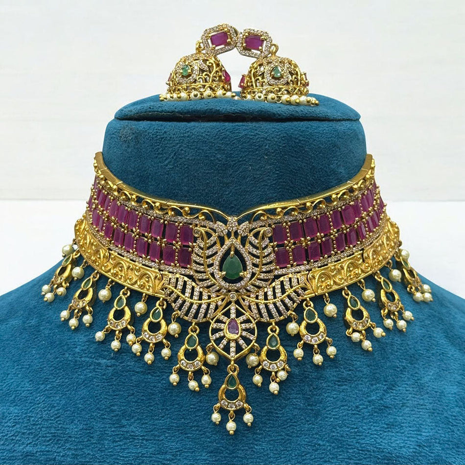 Heavy Pota Stone Pearl Choker in Antique Gold Plated | Bridal Jewellery India