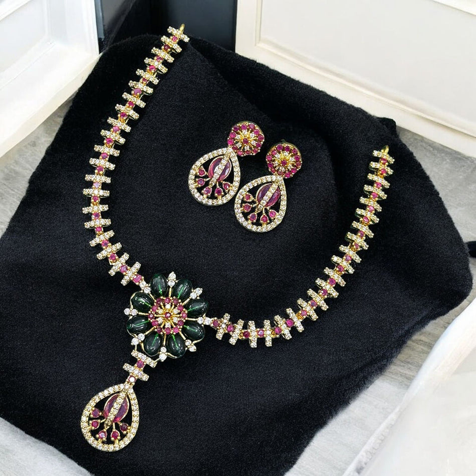 Oval Pendant in 14K Gold Plated with Austrian Stones | Bridal Jewellery India