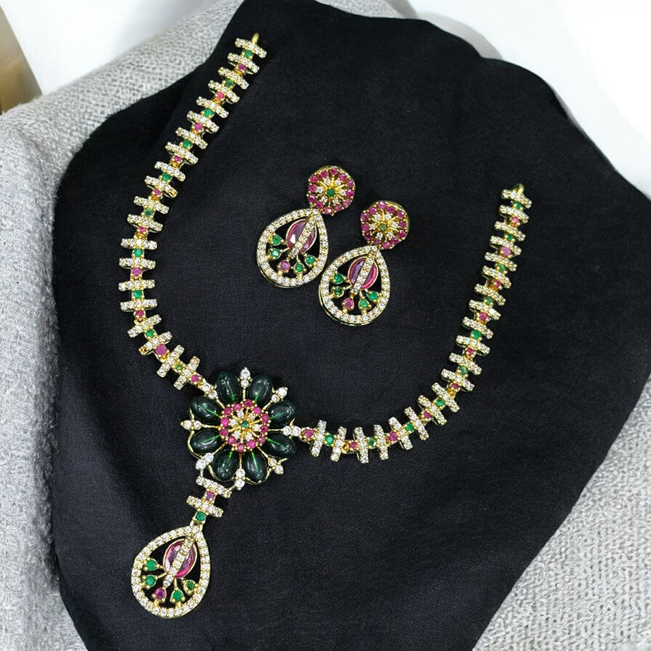 Oval Pendant in 14K Gold Plated with Austrian Stones | Bridal Jewellery India