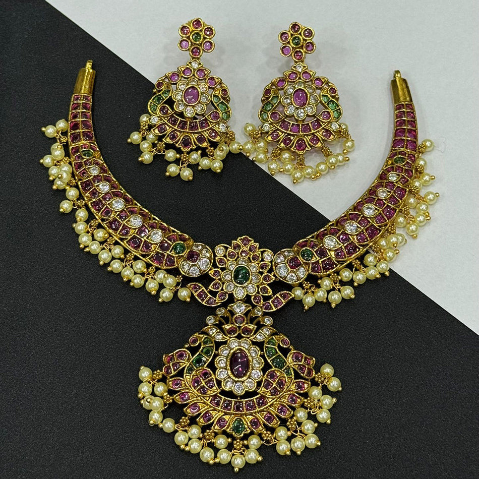 Pota Stone   Pearl Necklace in Gold Plated | Bridal Jewellery India